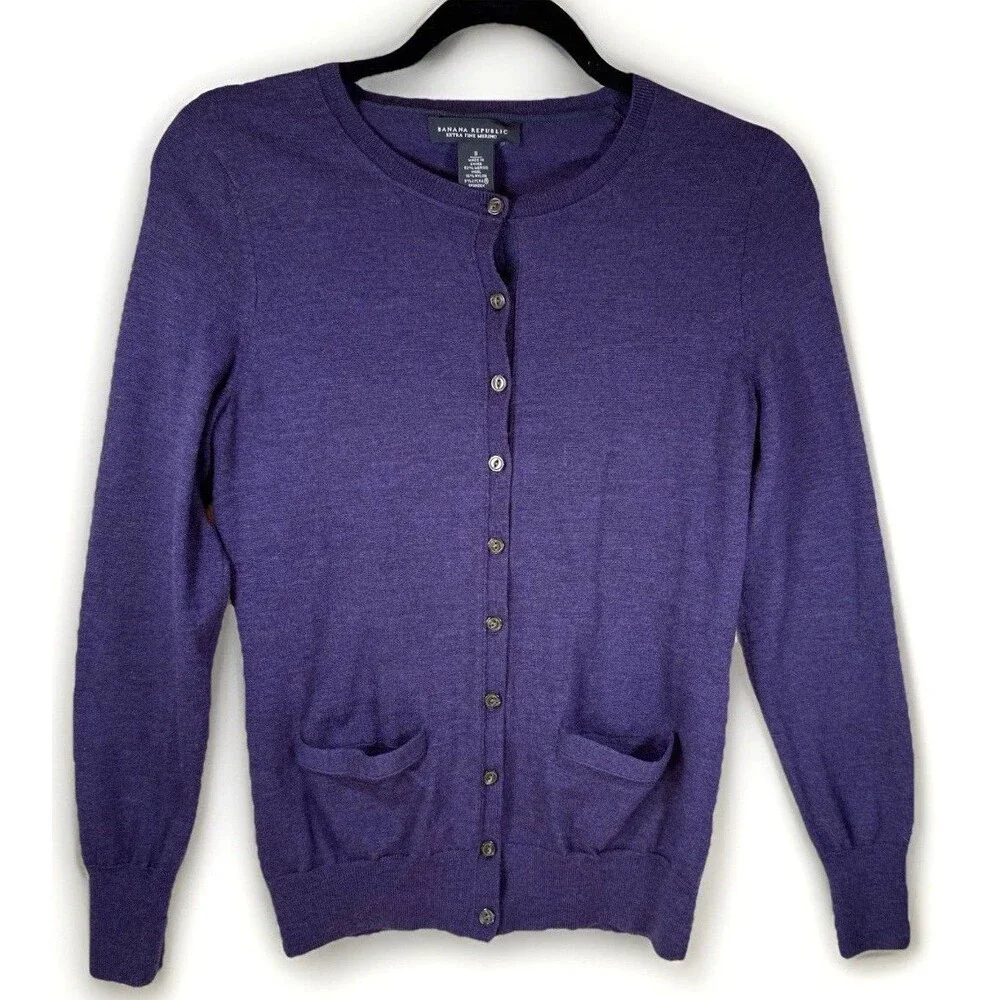 Banana Republic Sweater Cardigan Women‎ Small Extra Fine Merino Wool Purple